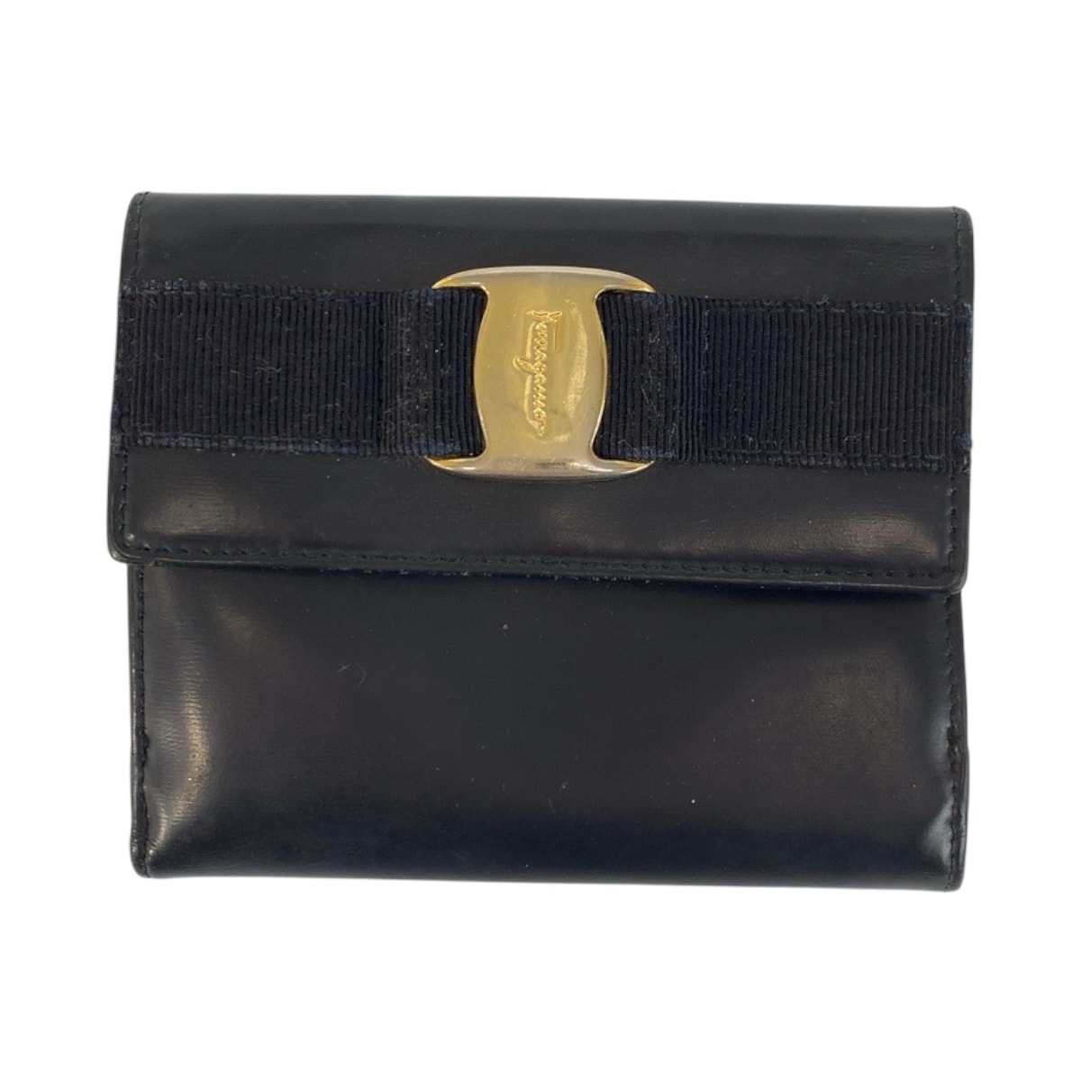 Salvatore Ferragamo サルヴァトーレフェラガモ ヴァラ ネイビー ゴールド金具 レザー 折財布 コンパクトウォレット 600469 【中古】