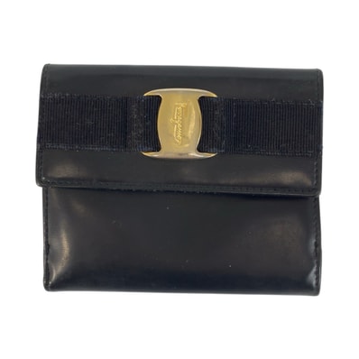 Salvatore Ferragamo サルヴァトーレフェラガモ ヴァラ ネイビー ゴールド金具 レザー 折財布 コンパクトウォレット 600469 【中古】
