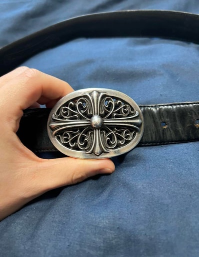 Chrome Hearts Classic Oval Cross Buckle Plane Black Leather 1.5 Horseshoe Rivet Belt Set "Black"