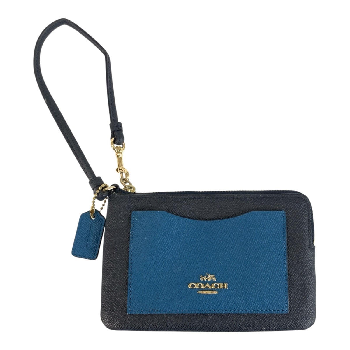 美品 COACH コーチ ブルー ネイビー ゴールド金具 レザー リストレットポーチ コインケース 603646 【中古】