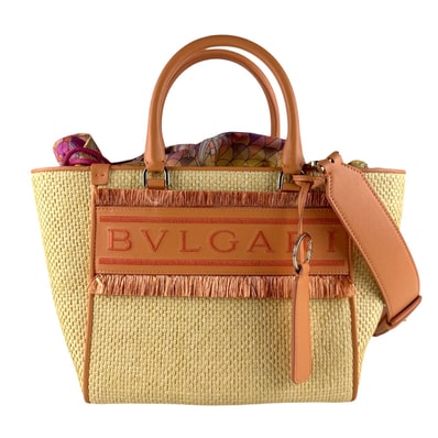ブルガリ BVLGARI ハンドバッグ ショルダーバッグ RESORT ラフィア ベージュ/オレンジ ゴールド レディース【中古】 z9375