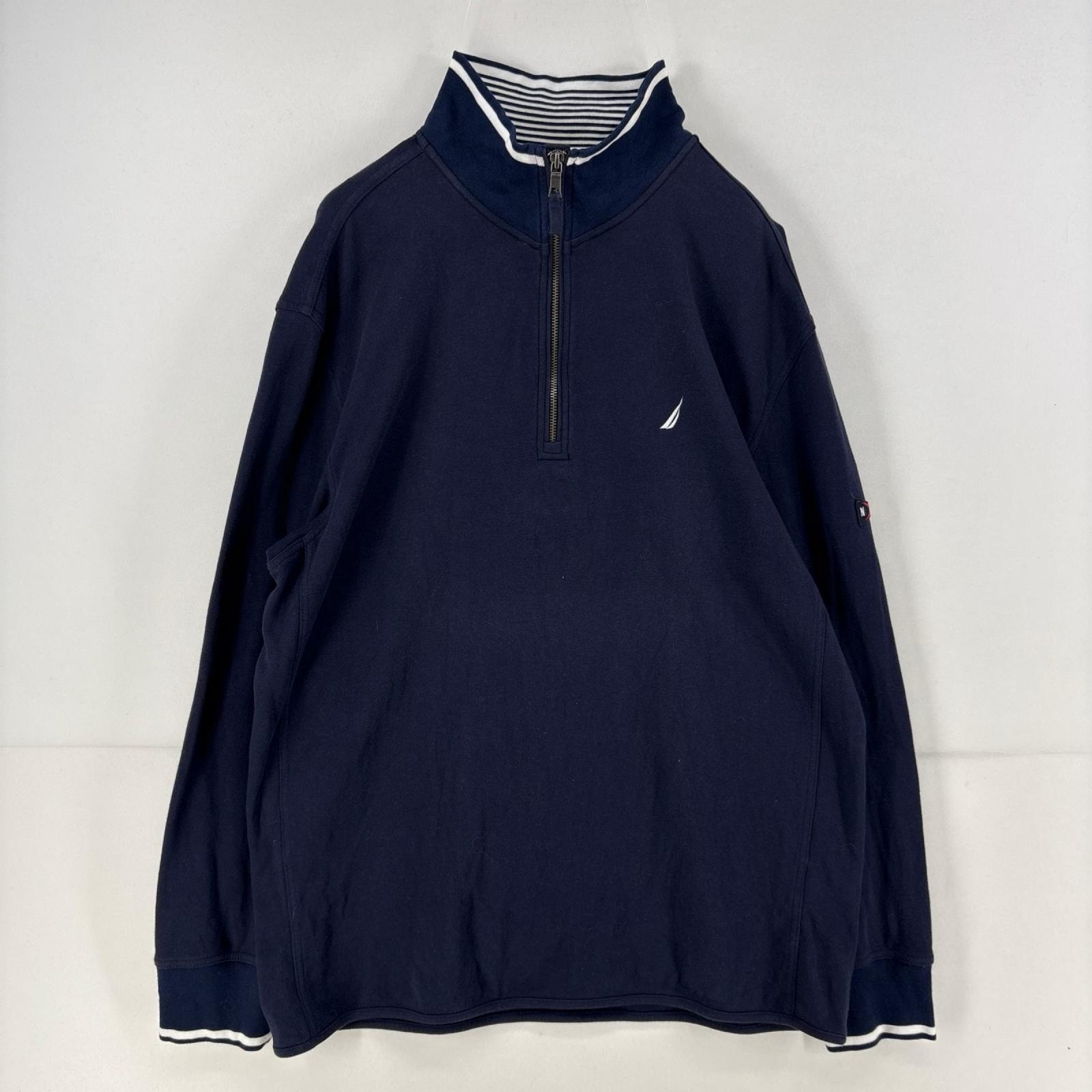 古着 ノーティカ NAUTICA スウェット ハーフジップ プルオーバー ワンポイント 刺繍 トレーナー 大きいサイズ XL  ネイビー メンズ