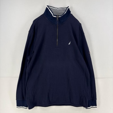 古着 ノーティカ NAUTICA スウェット ハーフジップ プルオーバー ワンポイント 刺繍 トレーナー 大きいサイズ XL ネイビー メンズ