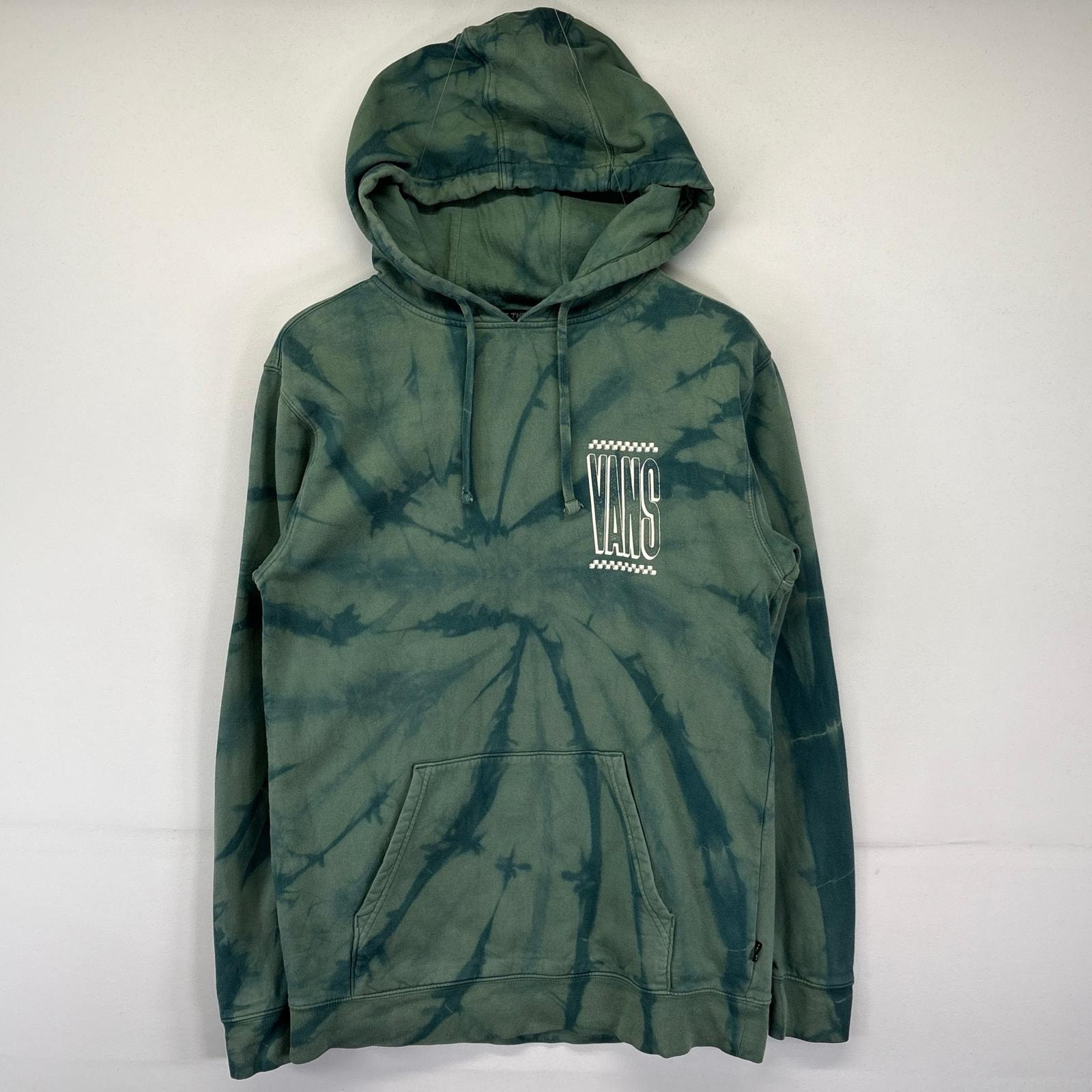 古着 バンズ VANS パーカー タイダイ柄 両面ロゴプリント フーディー ストリート スケーター プルオーバー S グリーン系 メンズ