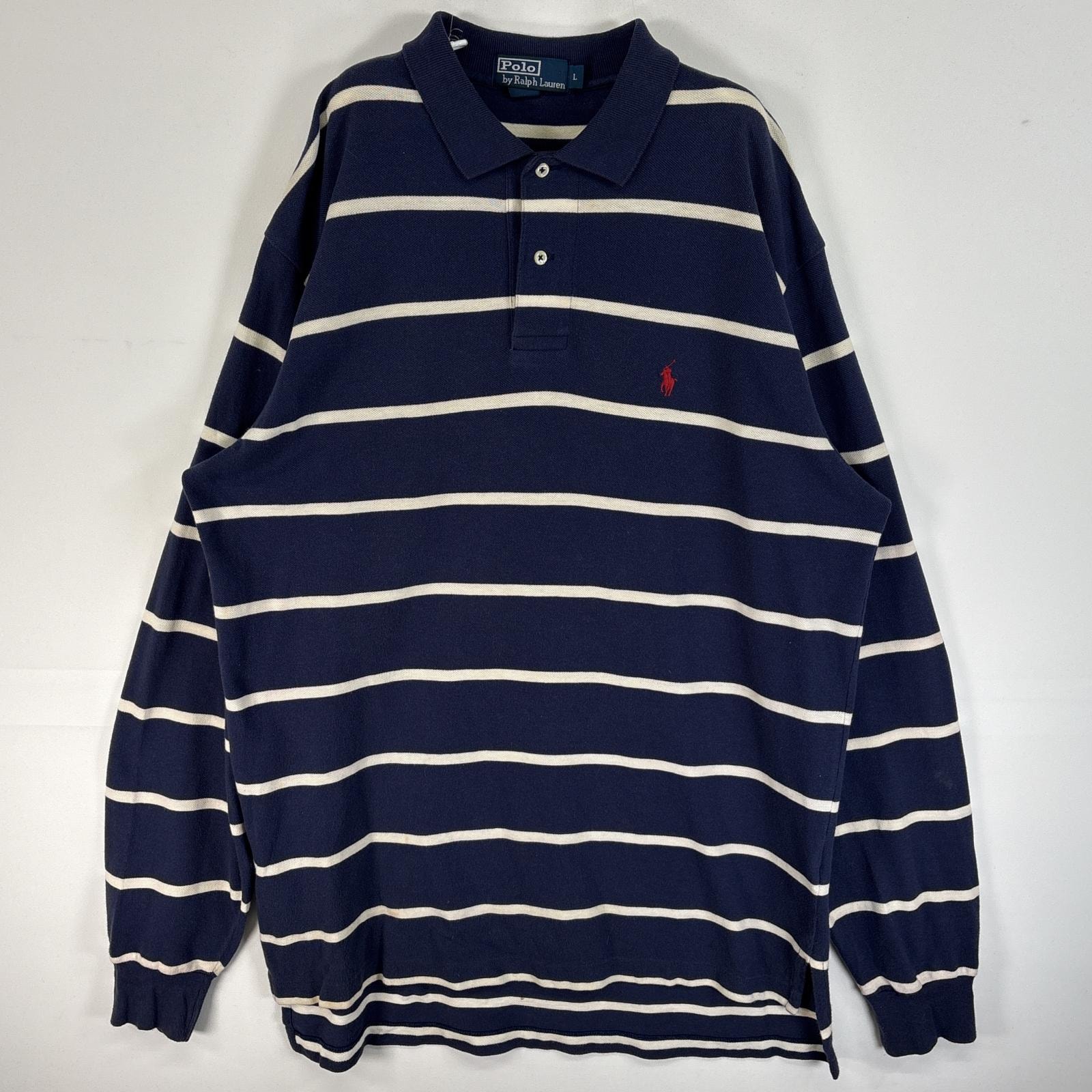 古着 90's/90年代 ポロバイラルフローレン Polo by Ralph Lauren 長袖 ポロシャツ ロゴ 刺繍 2ボタン L  ネイビー系 ボーダー メンズ