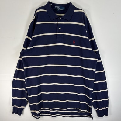 古着 90's/90年代 ポロバイラルフローレン Polo by Ralph Lauren 長袖 ポロシャツ ロゴ 刺繍 2ボタン L ネイビー系 ボーダー メンズ
