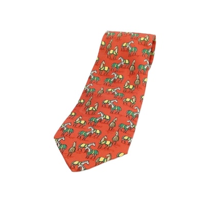 【中古】エルメス HERMES シルク プリント 馬 ホース柄ネクタイ ダークオレンジ【メンズ】