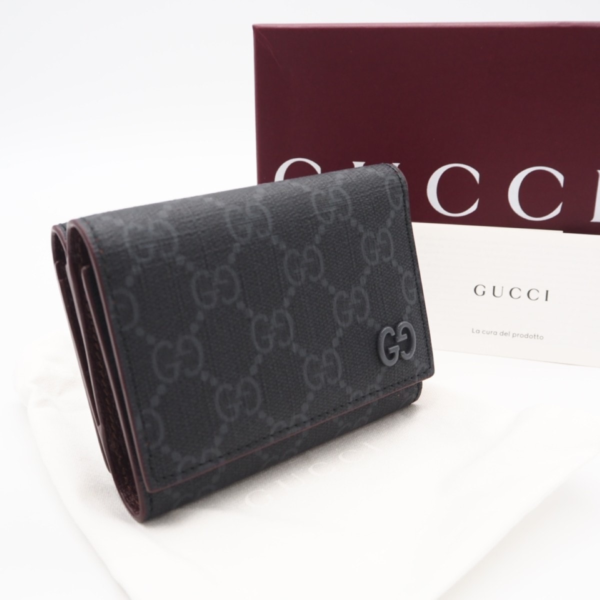 極美品 GUCCI グッチ GGスプリーム ディティールコンパクトウォレット 769225 三つ折り財布 グレー ボルドー コーティングキャンバス レザー メンズ