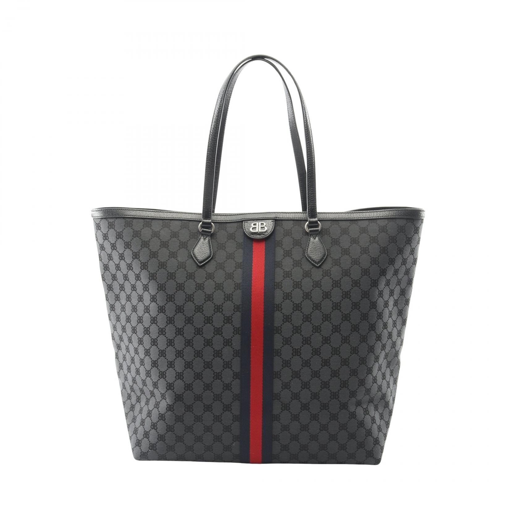 バレンシアガ BALENCIAGA × GUCCI ザ ハッカープロジェクト ラージ トートバッグ バッグ キャンバス レザー メンズ ブラック系 / マルチカラー 680127 【中古】
