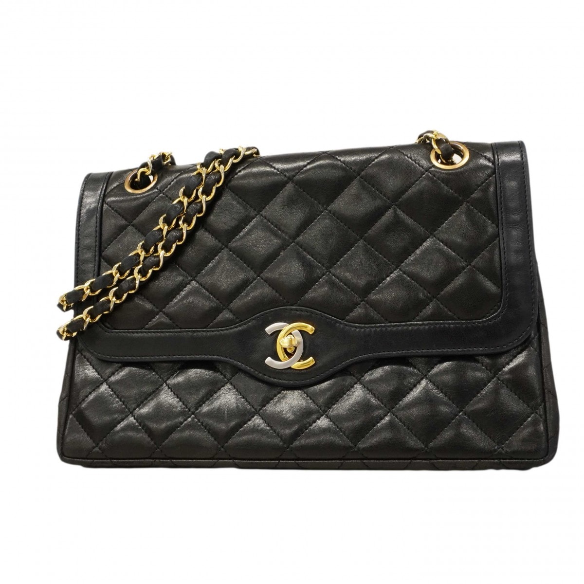 【6dc3643】シャネル ショルダーバッグ マトラッセ/パリ限定 Wフラップ Wチェーン ラムスキン ブラック ゴールド/シルバー金具【中古】レディース
