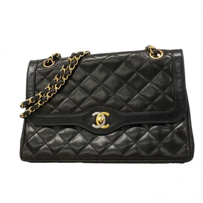 【6dc3643】シャネル ショルダーバッグ マトラッセ/パリ限定 Wフラップ Wチェーン ラムスキン ブラック ゴールド/シルバー金具【中古】レディース