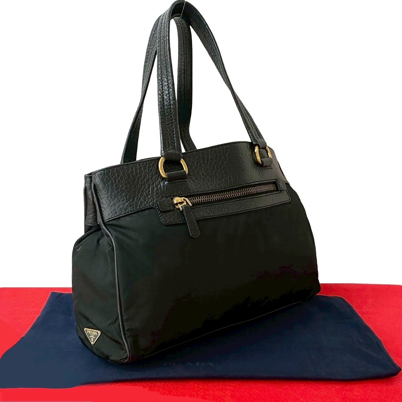 1円 美品 PRADA プラダ テスートナイロン レザー ブラック 