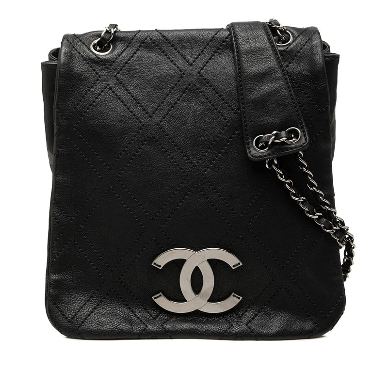 シャネル ダイヤステッチ ココマーク メッセンジャーショルダー ショルダーバッグ ブラック レザー レディース CHANEL 中古