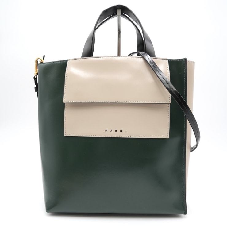 MARNI(マルニ)MUSEO ミュゼオ 2WAY トートバッグ ショルダーバッグ レザー グリーン ベージュ ブラック ゴールド金具 レディース【中古】