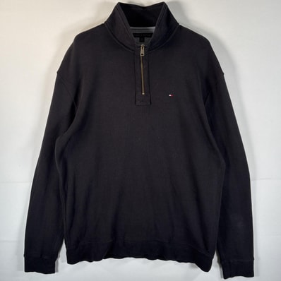 古着 トミーヒルフィガー TOMMY HILFIGER スウェット ワンポイントロゴ ニット 大きいサイズ ハーフジップ 14041 ブラック メンズ