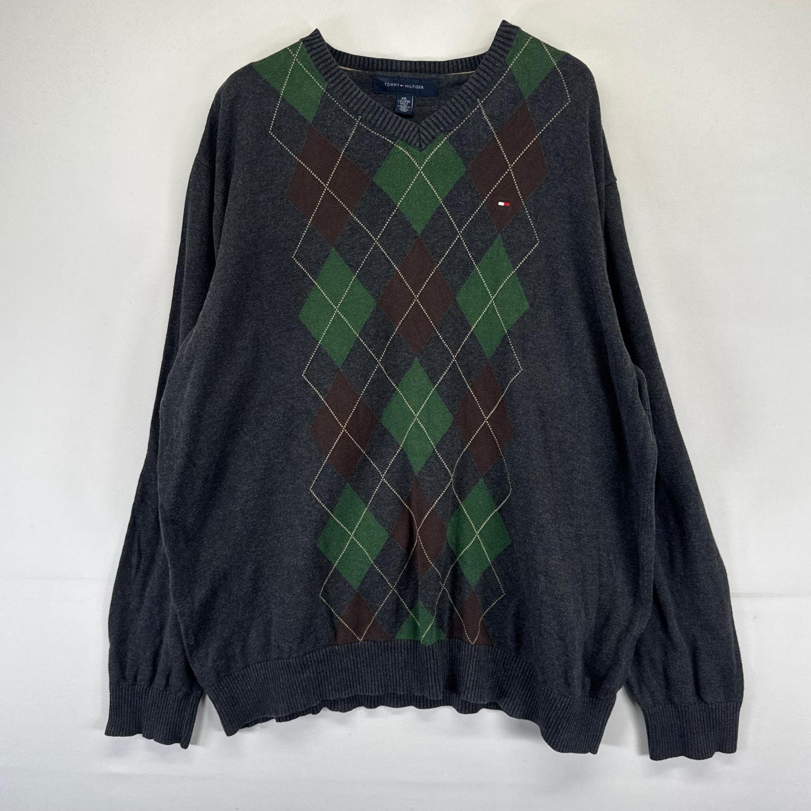 古着 トミーヒルフィガー TOMMY HILFIGER ニット セーター Vネック ワンポイントロゴ刺繍 アーガイル柄 2XL  グレー系 総柄 メンズ