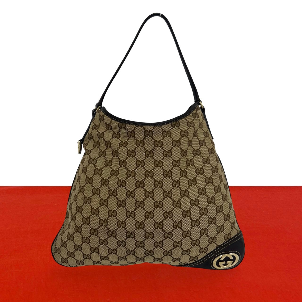 GUCCI グッチ インターロッキングG 金具 キャンバス レザー ショルダーバッグ ブラウン
 22901