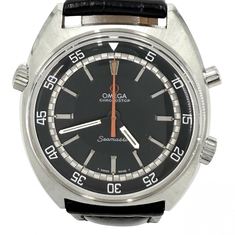 OMEGA オメガ 腕時計 シーマスター cal.865 クロノストップ MT インナーベゼル ブラック文字盤 145.008 手巻き ステンレススチール  レザー   ブラック 黒 シルバー金具 メンズ【中古品】