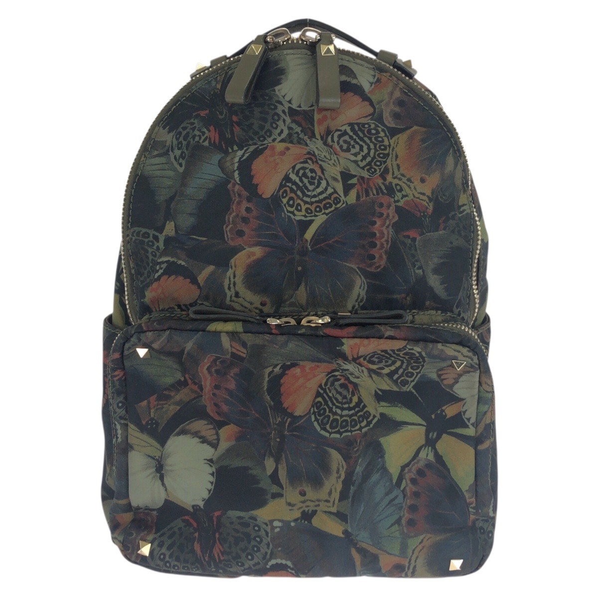 美品 VALENTINO ヴァレンティノ カムバタフライ ロックスタッズ グリーン ゴールド金具 ナイロン レザー/ リュックサック バックパック 1-0296124 【中古】