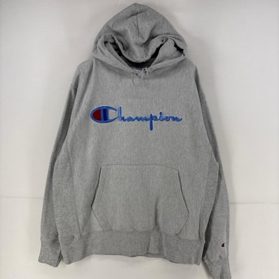 古着 チャンピオン Champion パーカー スウェット 刺繍 リバースウィーブ プルオーバー ロゴ L グレー メンズ