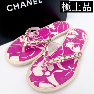 【極上品】CHANEL シャネル ハイビスカス サンダル CCロゴ バイカラー スリッパ 35 レディース 22cm相当 未使用