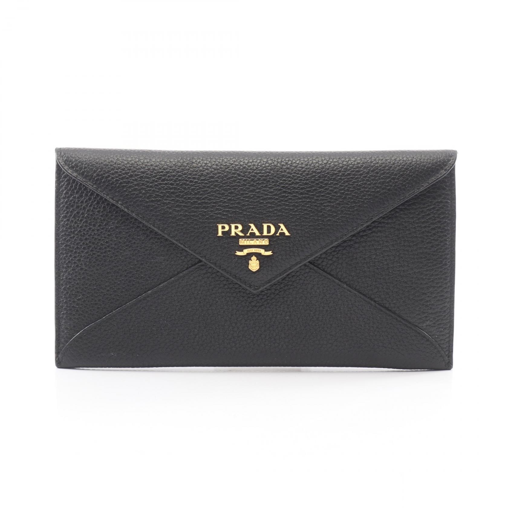 プラダ PRADA VITELLO GRAIN エンベロップ 二つ折り長財布 財布 レザー レディース ブラック系 1MF175 【中古】