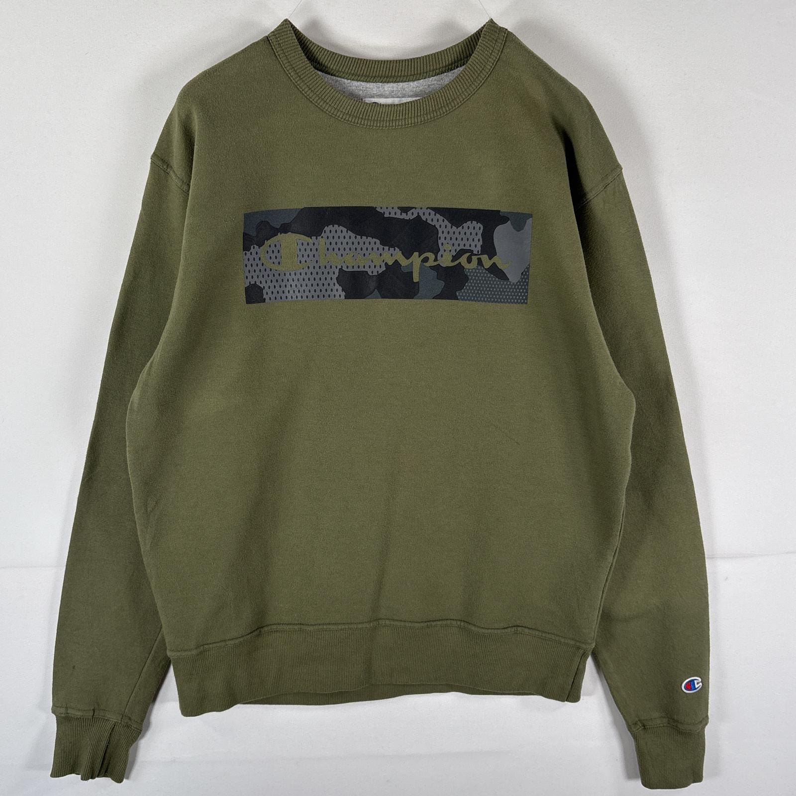古着 チャンピオン Champion スウェット トレーナー プルオーバー カモフラ クルーネック ビッグロゴプリント ワッペン M グリーン系 メンズ