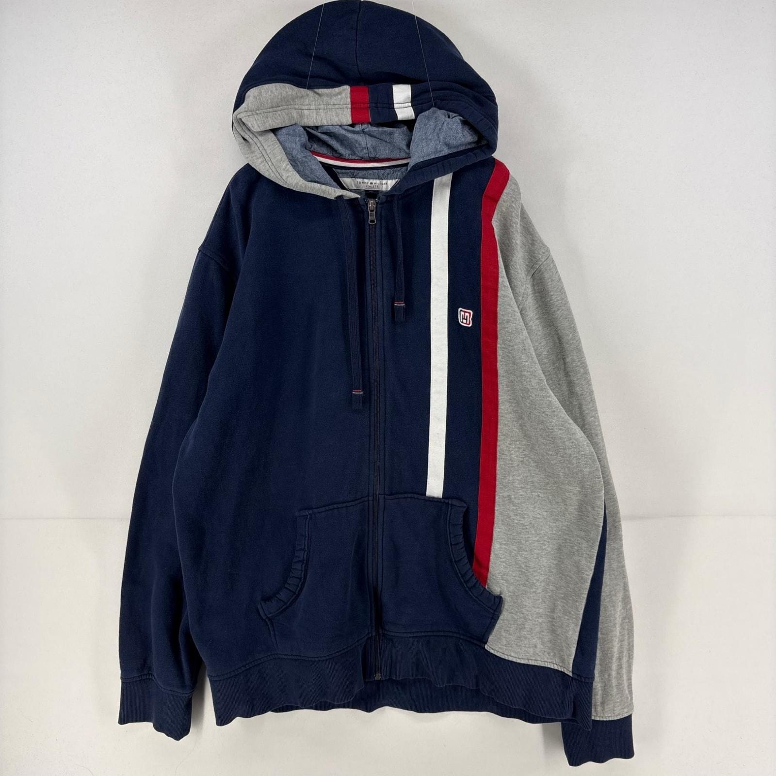 古着 トミーヒルフィガー TOMMY HILFIGER パーカー ワンポイント ロゴ フルジップ スウェット マルチカラー 2XL ネイビー メンズ