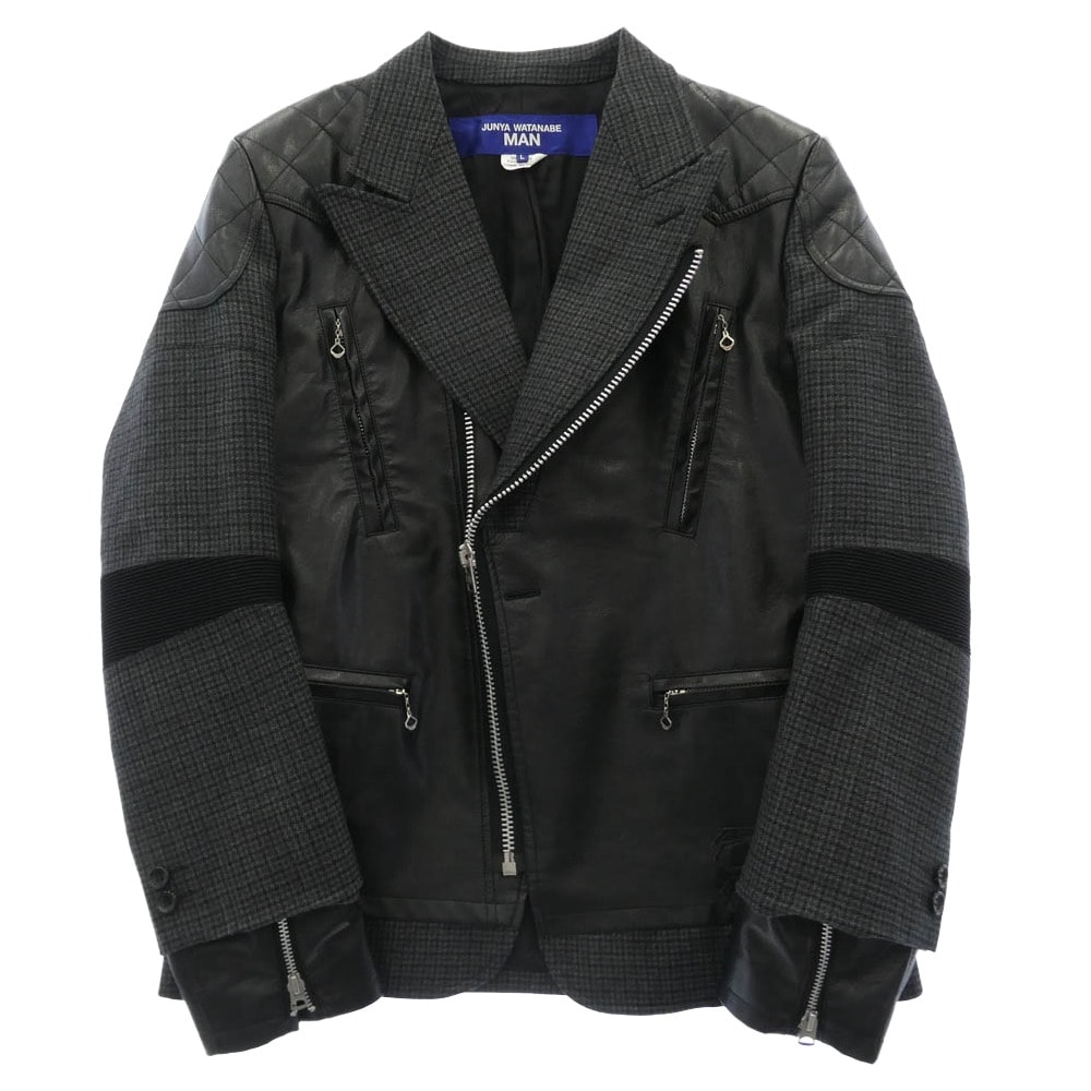 JUNYA WATANABE COMME des GARCONS MAN ジュンヤワタナベコムデギャルソンマン レザージャケット 23AW WL-J006 ウール ガンクラブチェック フェイクレザー ドッキング ライダース ジャケット 【中古】