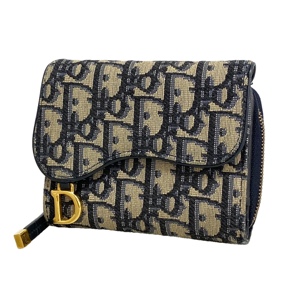 【6hd4089】クリスチャンディオール 三つ折り財布 オブリーク サドル キャンバス ネイビー ゴールド金具【中古】レディース