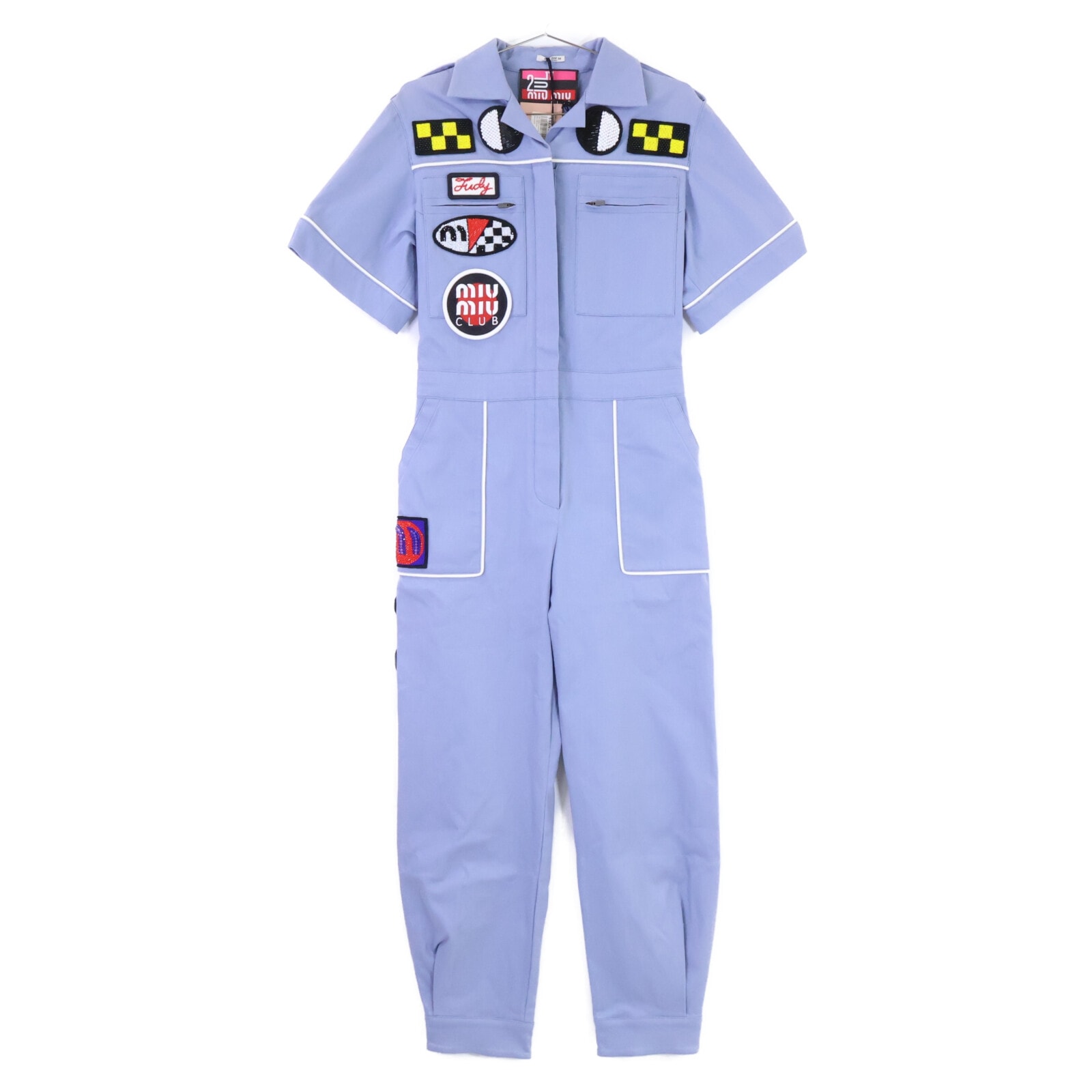 ミュウミュウ 【新品同様/国内正規】MAT45 1Q3A 2018 Resort Patch Coveralls クリスタル/ビーズ/刺繍 ワッペン オールインワン 38