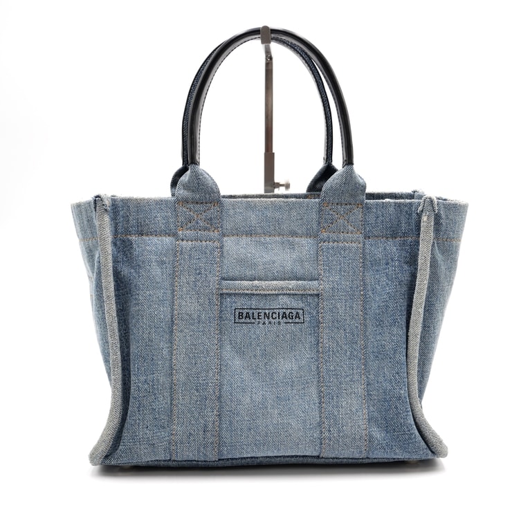 BALENCIAGA(バレンシアガ)ハードウェア スモールトート トートバッグ ショルダーバッグ 2WAY デニム ブルー ブラック レザー ハンドバッグ レディース 【中古】