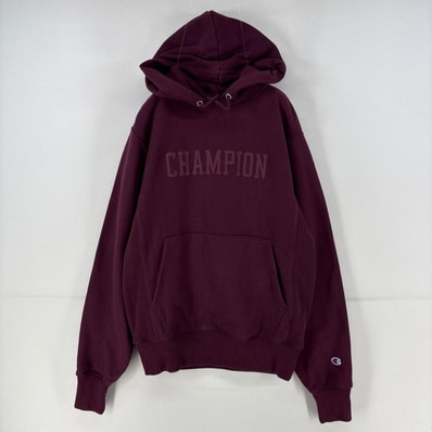 古着 チャンピオン Champion パーカー スウェット ロゴ 刺繍 リバースウィーブ プルオーバー ワンポイント S レッド系 メンズ