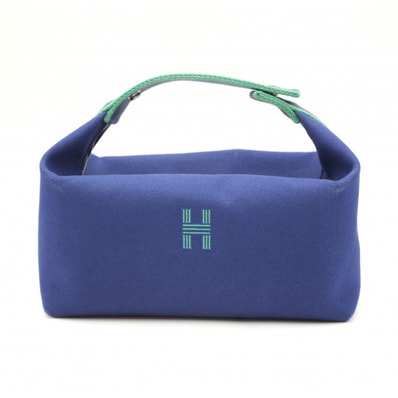 HERMES(エルメス)ブリッド・ア・ブラック PM ハンドバッグ ポーチ キャンバス ブルー グリーン コットン シルバー金具 レディース 【中古】