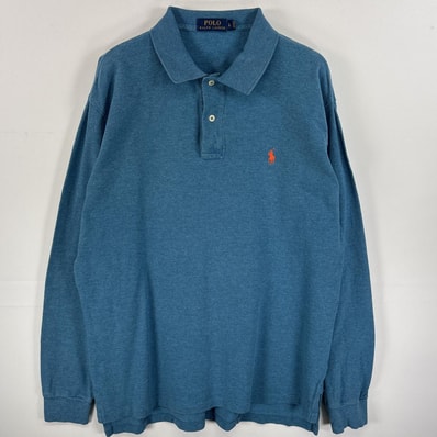 古着 ポロ・ラルフローレン POLO RALPH LAUREN 長袖 ポロシャツ ワンポイント ロゴ 刺繍 混色生地 2ボタン L ブルー系 無地 メンズ