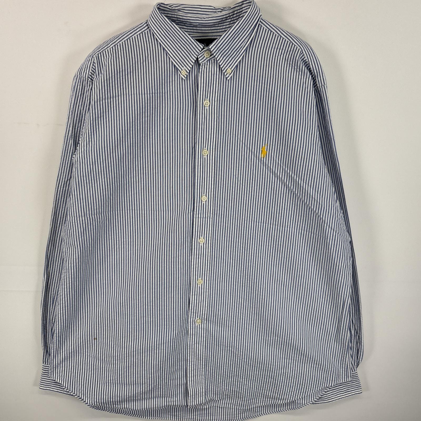 古着 ラルフローレン RALPH LAUREN シアサッカー 長袖シャツ ボタンダウンシャツ ワンポイント ロゴ 刺繍 大きいサイズ XL  ブルー系 ストライプ メンズ