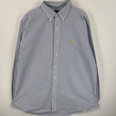 古着 ラルフローレン RALPH LAUREN シアサッカー 長袖シャツ ボタンダウンシャツ ワンポイント ロゴ 刺繍 大きいサイズ XL ブルー系 ストライプ メンズ