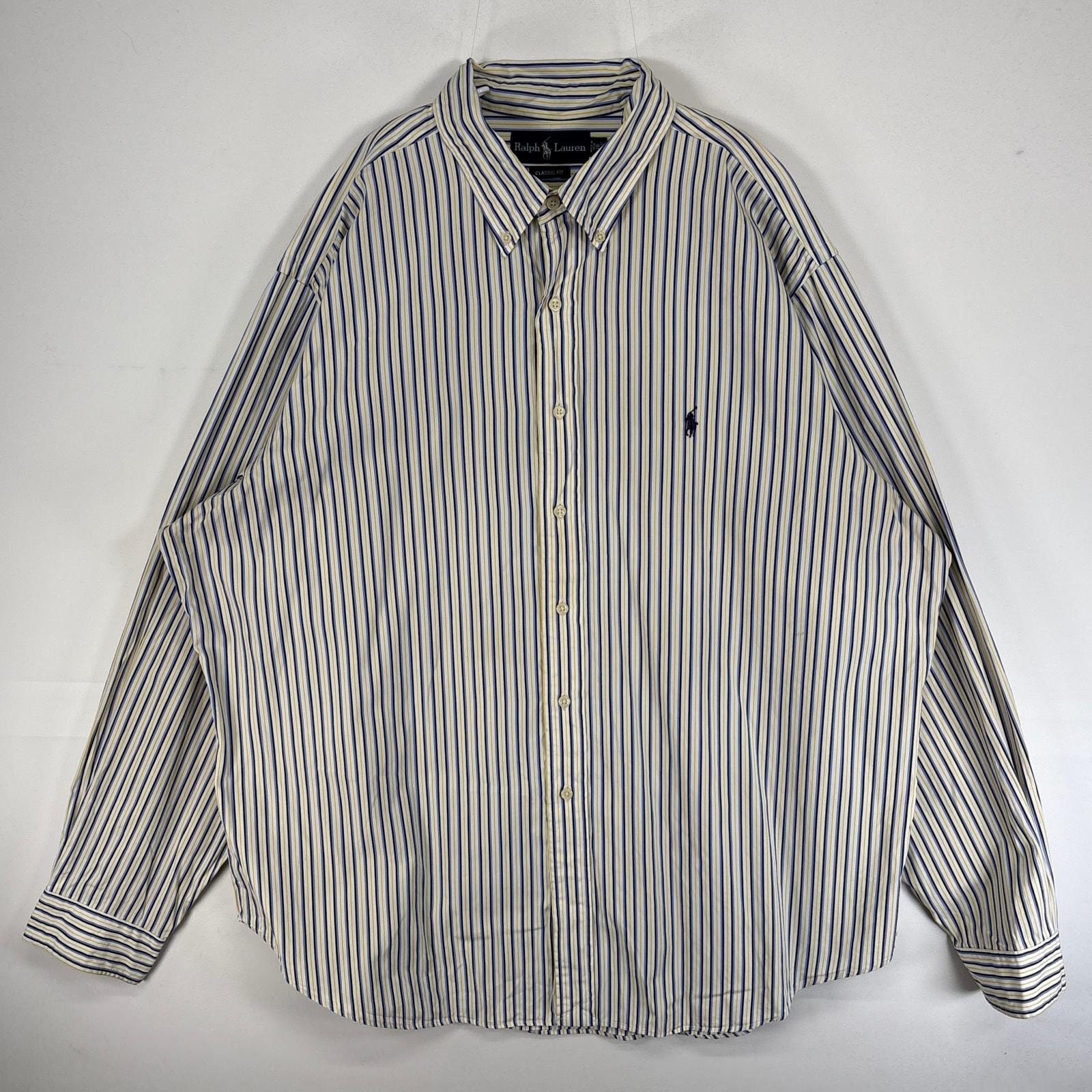 古着 ラルフローレン RALPH LAUREN 長袖シャツ ロゴ 刺繍 ストライプ 大きいサイズ 2XL  ブルー系 マルチカラー メンズ