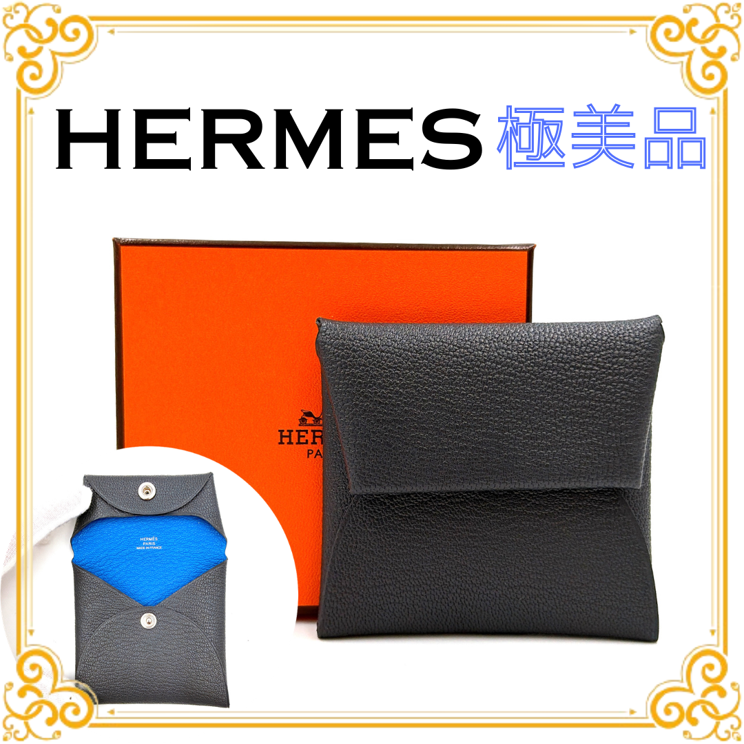 ■極美品■ HERMES エルメス バスティアヴェルソ コインケース シェブルミゾル シルバー金具 グレー ブルー レザー レディース 小銭入れ