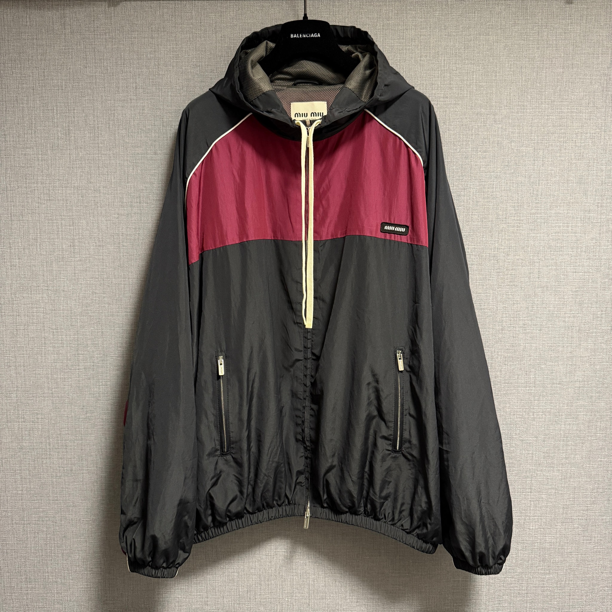 MIUMIU Women's Technical Silk Zipper Blouson Jacket "Blue/Bordeaux"