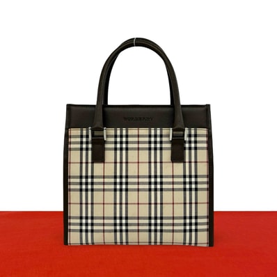 BURBERRY バーバリー ロゴ 刻印 ノバチェック 柄 キャンバス レザー ハンドバッグ ブラウン
86665