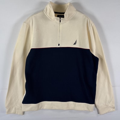 古着 ノーティカ NAUTICA スウェット ハーフジップ トレーナー プルオーバー ワンポイントロゴ刺繍 ツートンカラー L ホワイト系 メンズ