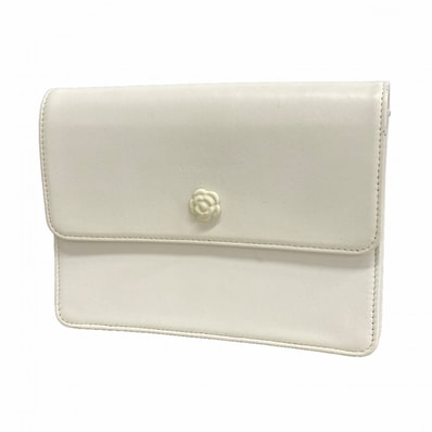 【6fb2513】シャネル ポーチ カメリア ラムスキン ホワイト シルバー金具【中古】レディース