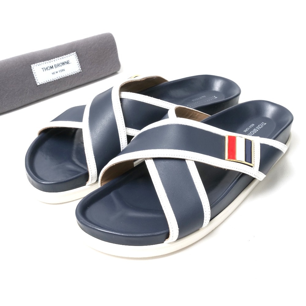 THOM BROWNE トムブラウン サンダル サイズ41 ロゴプレート クリスクロス レザー 靴 ブランド古着【中古】20250722/RA5633