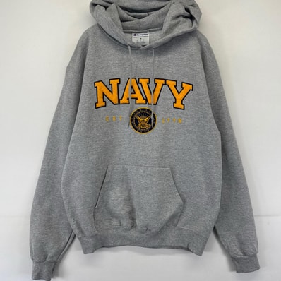 古着 チャンピオン Champion パーカー プルオーバー スウェット 刺繍 NAVY ミリタリー ロゴ ワッペン M グレー系 メンズ