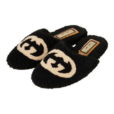 グッチ インターロッキングG サンダル サイズ:9 ブラック ベージュ ボア レディース GUCCI 【中古】