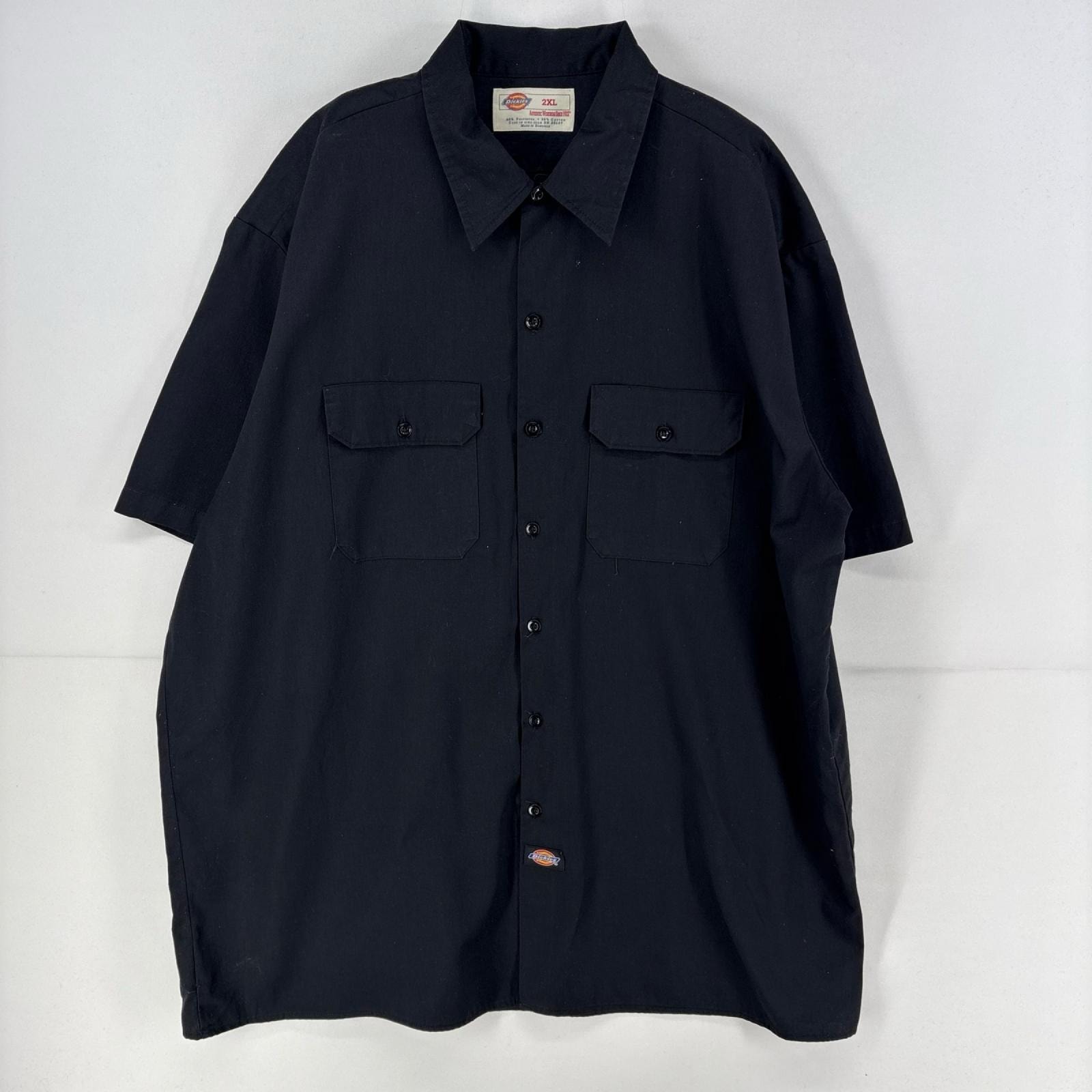 古着 ディッキーズ Dickies 半袖シャツ ワンポイント ロゴ 胸ポケット 無地 ワークシャツ 大きいサイズ 2XL  ブラック メンズ