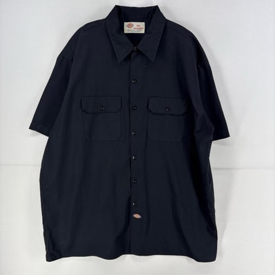古着 ディッキーズ Dickies 半袖シャツ ワンポイント ロゴ 胸ポケット 無地 ワークシャツ 大きいサイズ 2XL ブラック メンズ