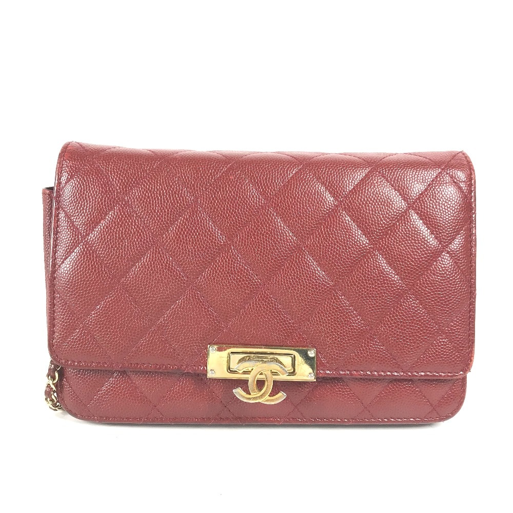 シャネル CHANEL ココロック チェーンウォレット CC ココマーク ショルダーバッグ 肩掛け 斜め掛け ポシェット 長財布 キャビアスキン レッド×ゴールド金具