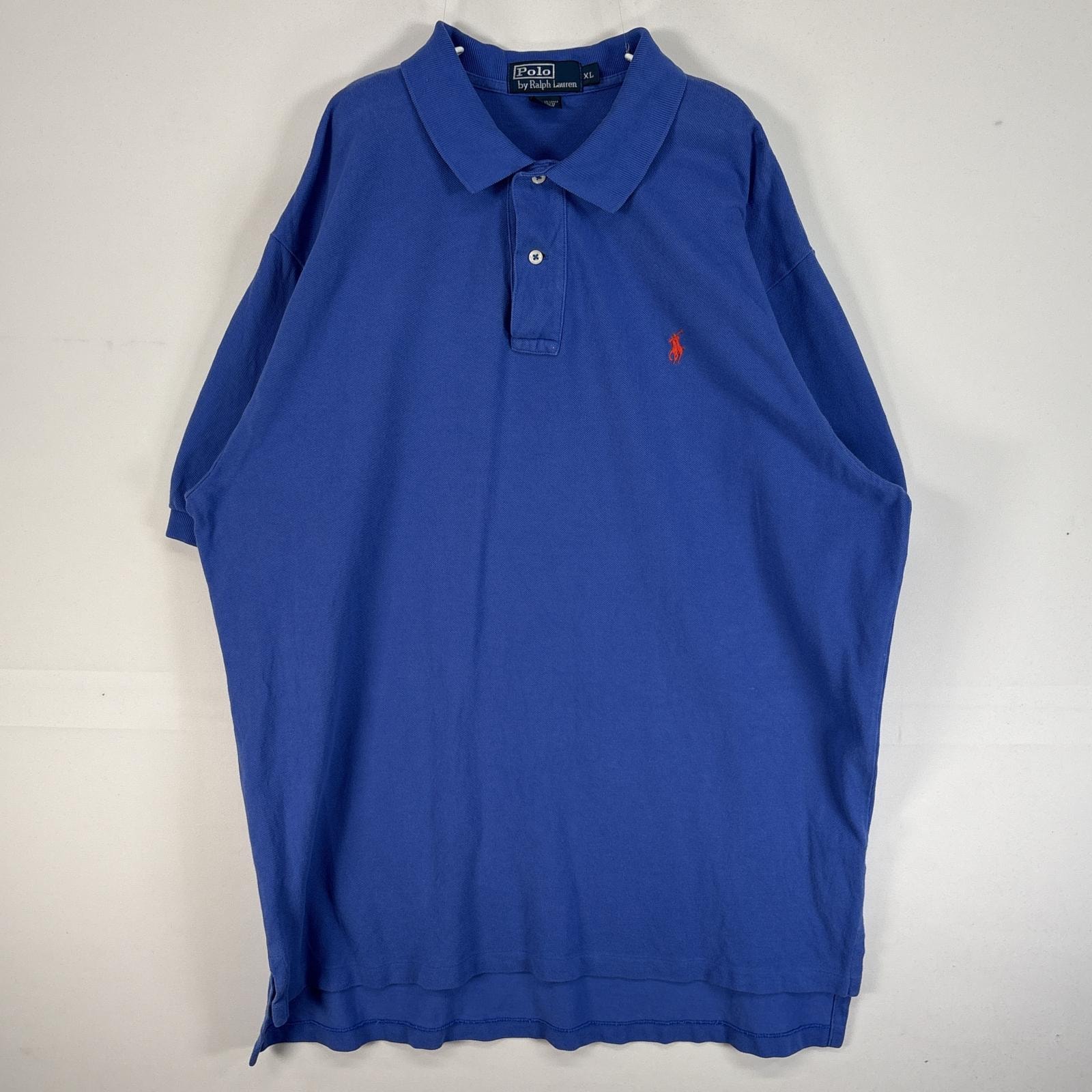 古着 90's/90年代 ポロバイラルフローレン Polo by Ralph Lauren 鹿の子 半袖 ポロシャツ ロゴ 刺繍 大きいサイズ 肉厚 2ボタン XL  ブルー系 無地 メンズ